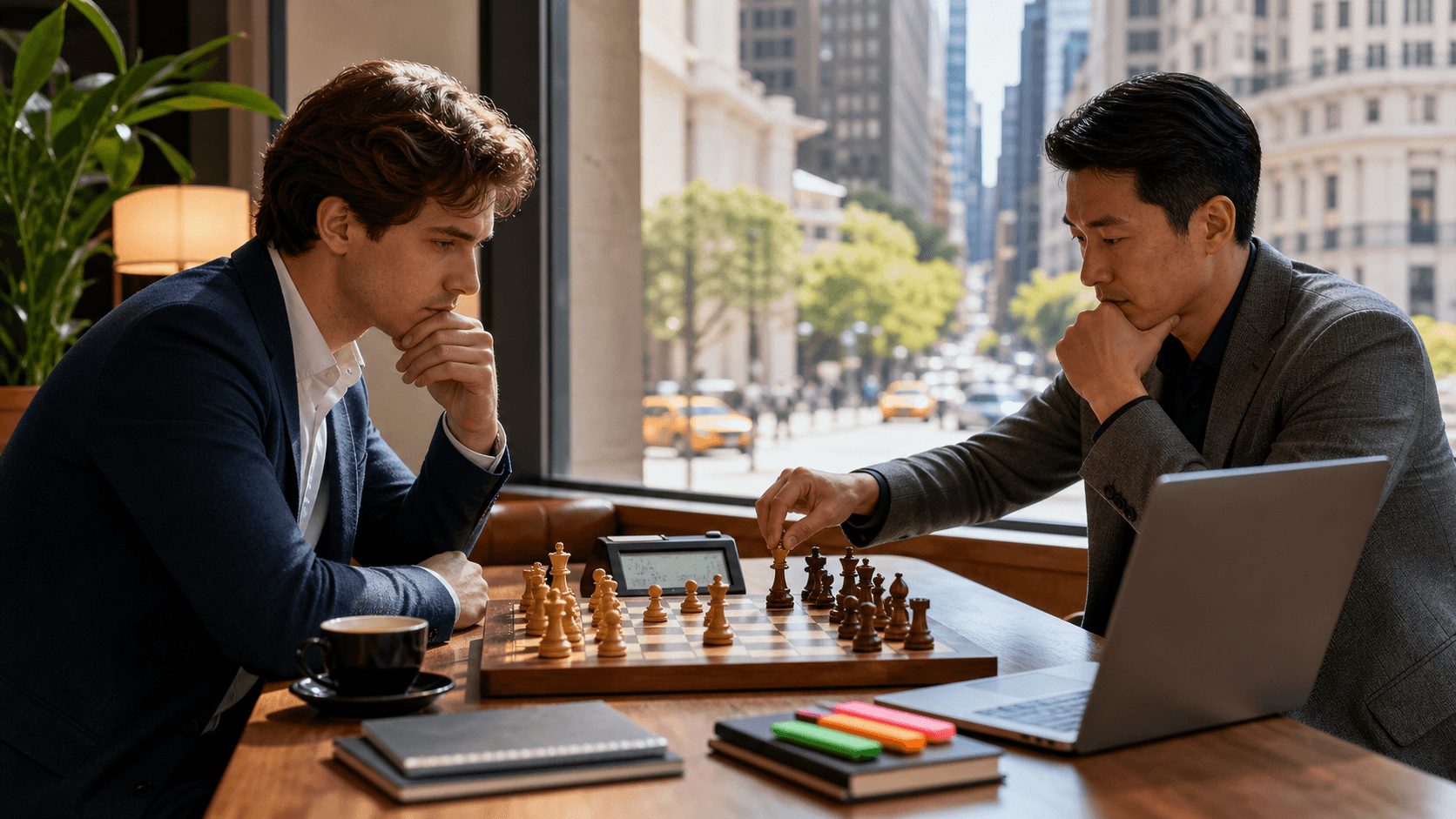 Chessboard and pieces on a wooden table beside a calendar and Manhattan skyline at sunset, warm golden light.