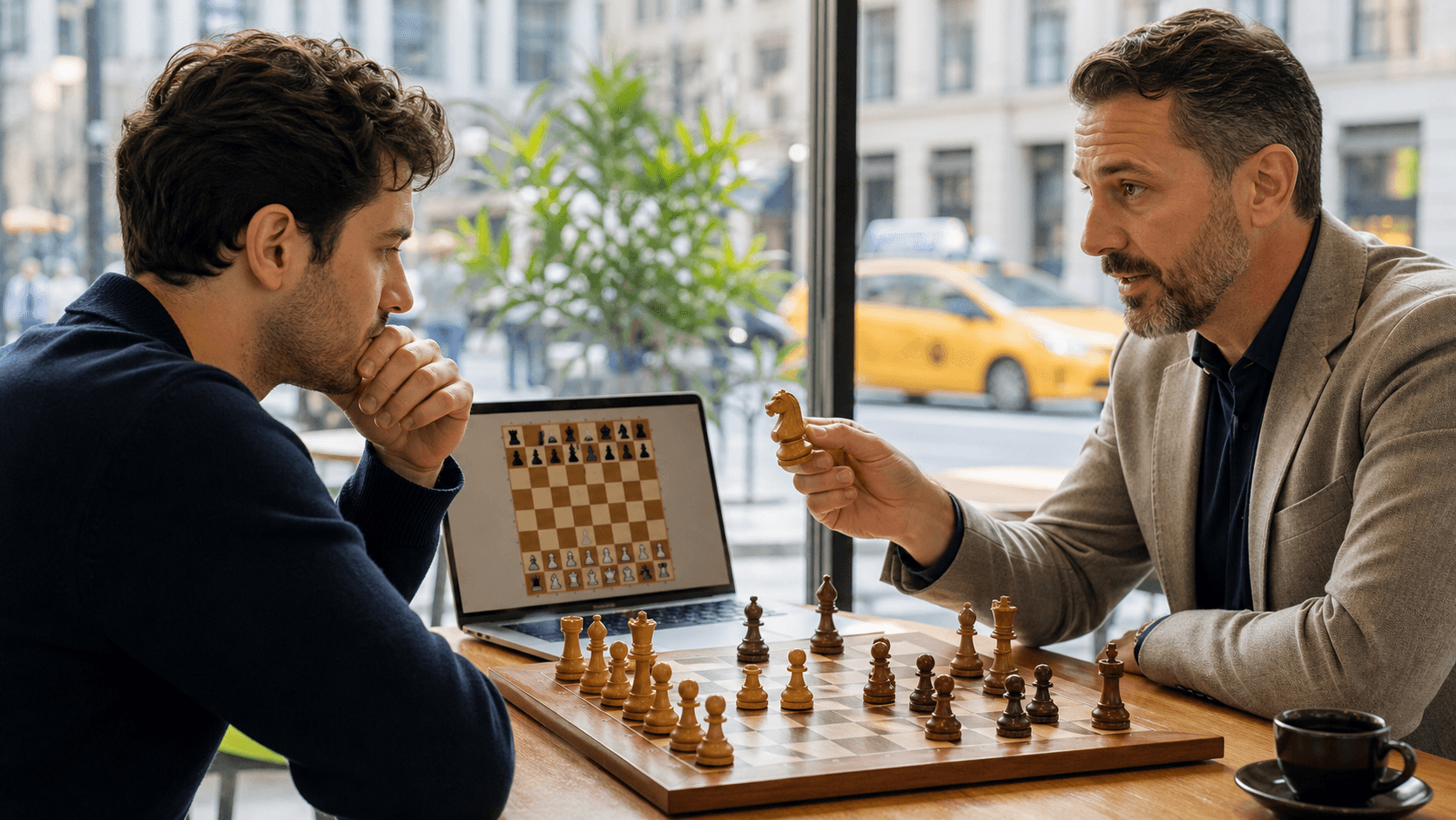 Chessboard with a handwritten game score, calendar pages, and Manhattan skyline in warm evening light.