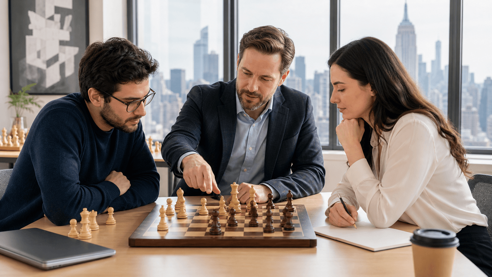Chessboard on a wooden table with pieces mid-game, warm overhead light, and a blurred city skyline backdrop