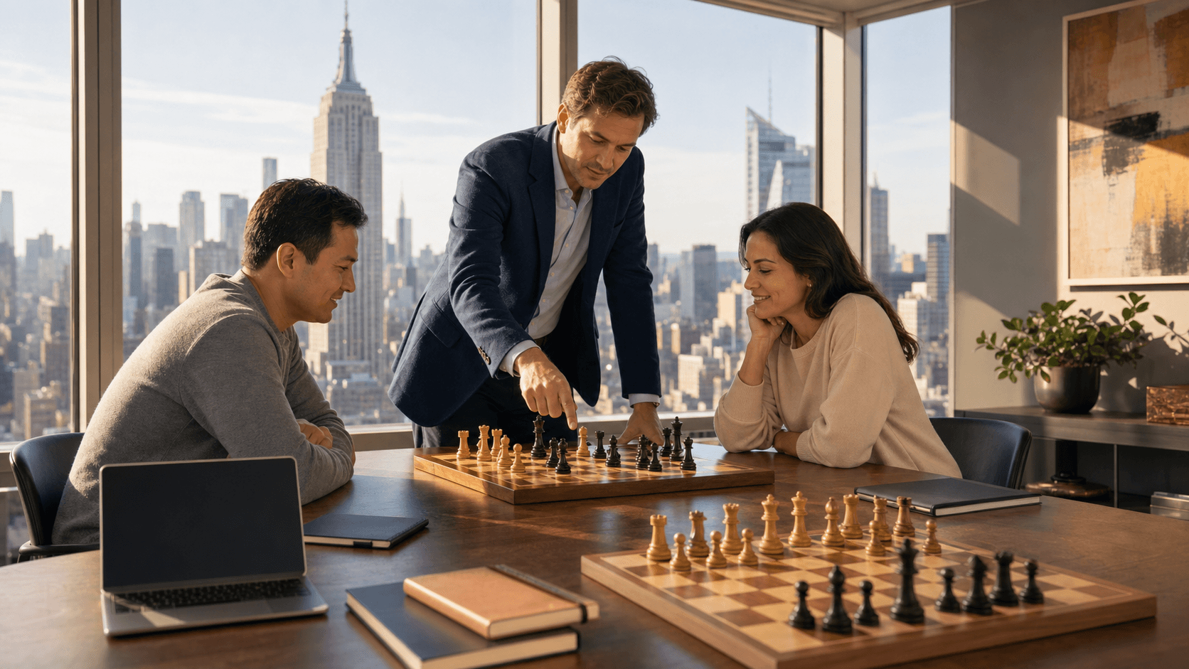 Chessboard on a classroom table with pieces midgame, warm light, and a Manhattan skyline visible through a window.