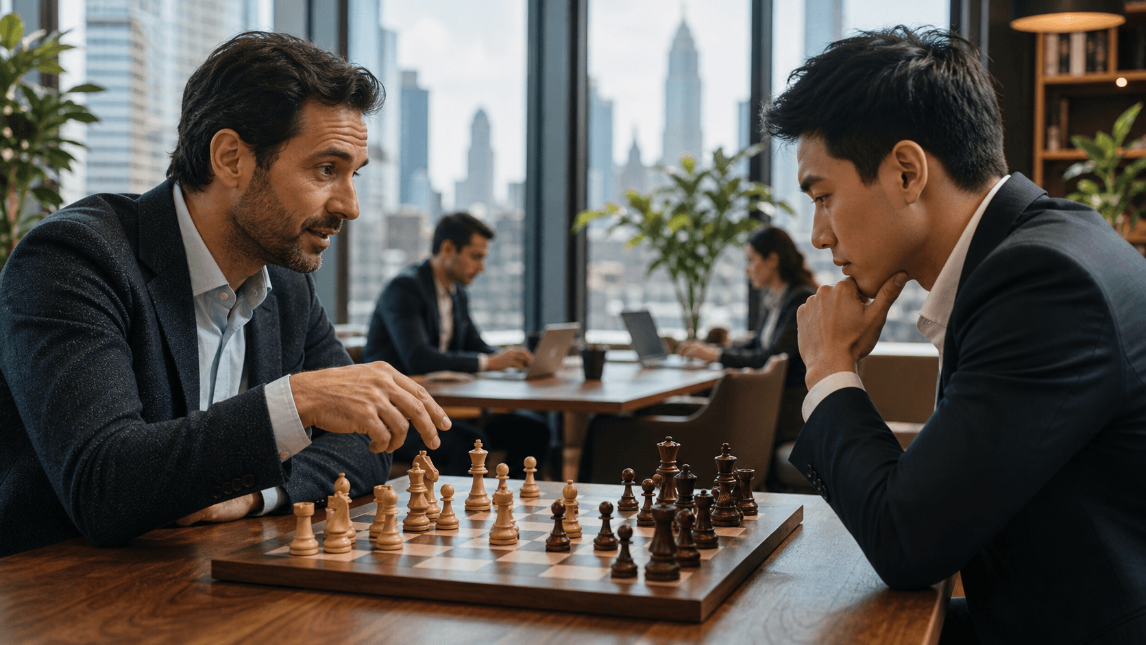 Professional woman studies a chessboard in a sleek Manhattan office, with city lights glowing through tall windows.