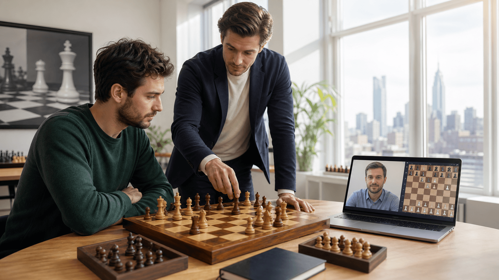 Split-screen: laptop showing chessboard on left, coach at table with chess set on right, warm indoor lighting