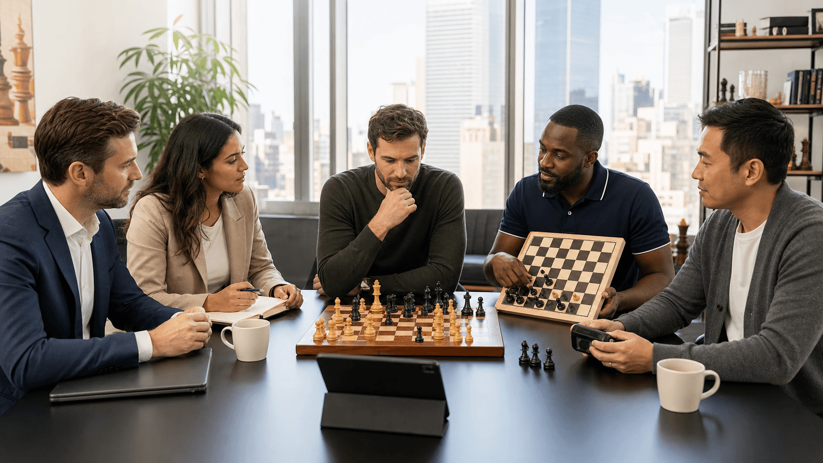 Four chess pieces on a wooden board under warm light, with a blurred coach figure in the background.