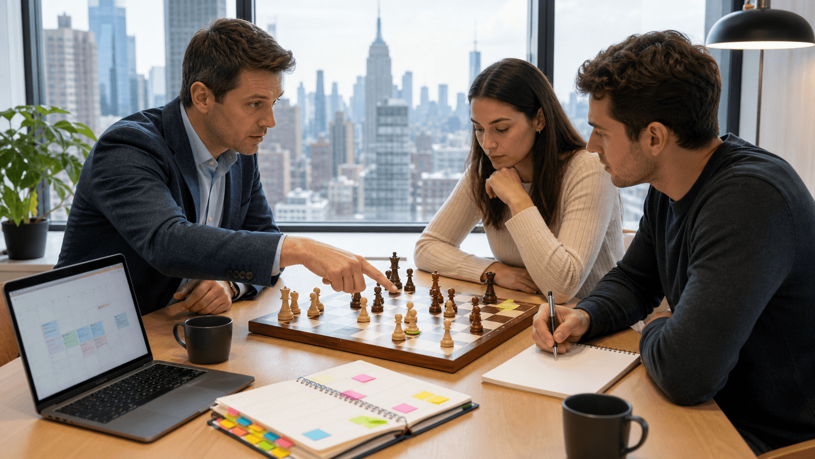 Chessboard on a desk beside a weekly planner, with sunlit window glow and city skyline in the background.