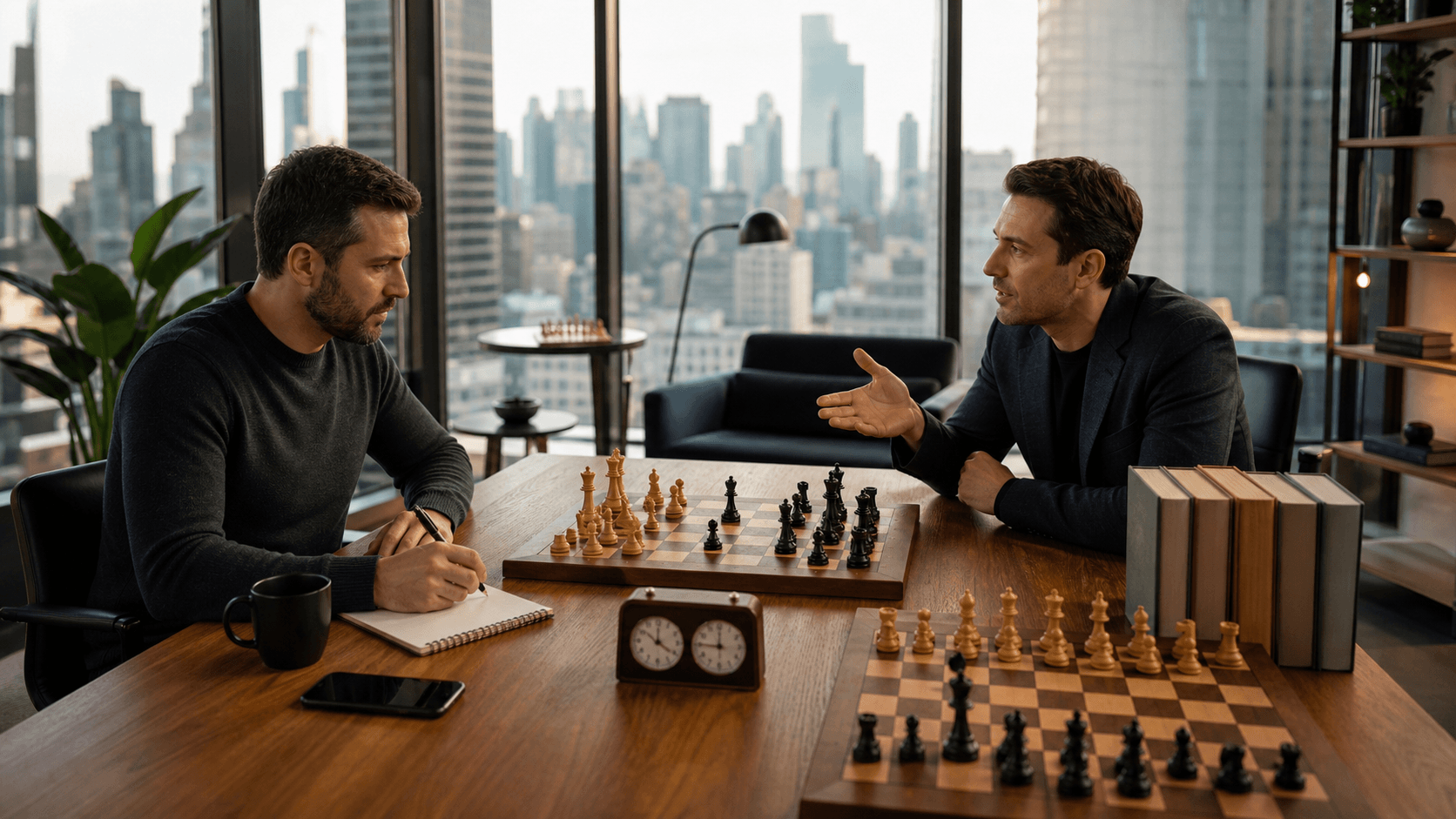 Chessboard on a desk with a notebook and pencil, soft window light, Manhattan skyline blurred in the background.