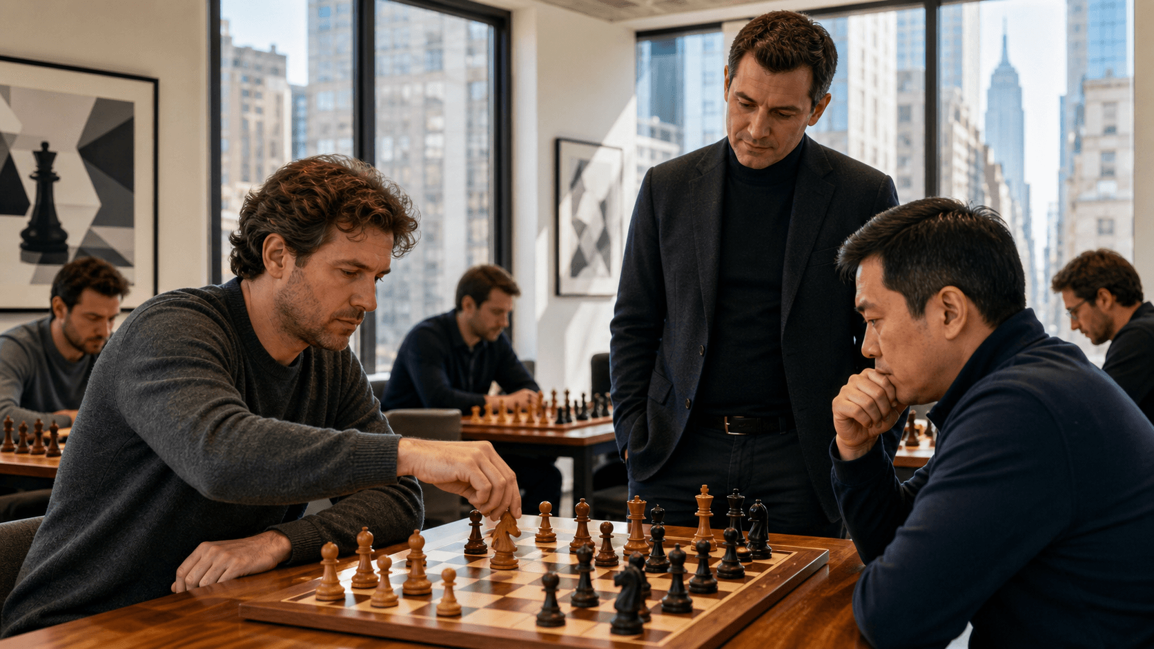 Chessboard with wooden pieces under warm classroom lighting, Manhattan skyline visible through tall windows.
