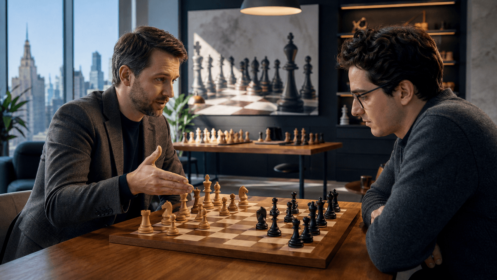 Chessboard with wooden pieces midgame under warm lighting, with a blurred Manhattan skyline behind it