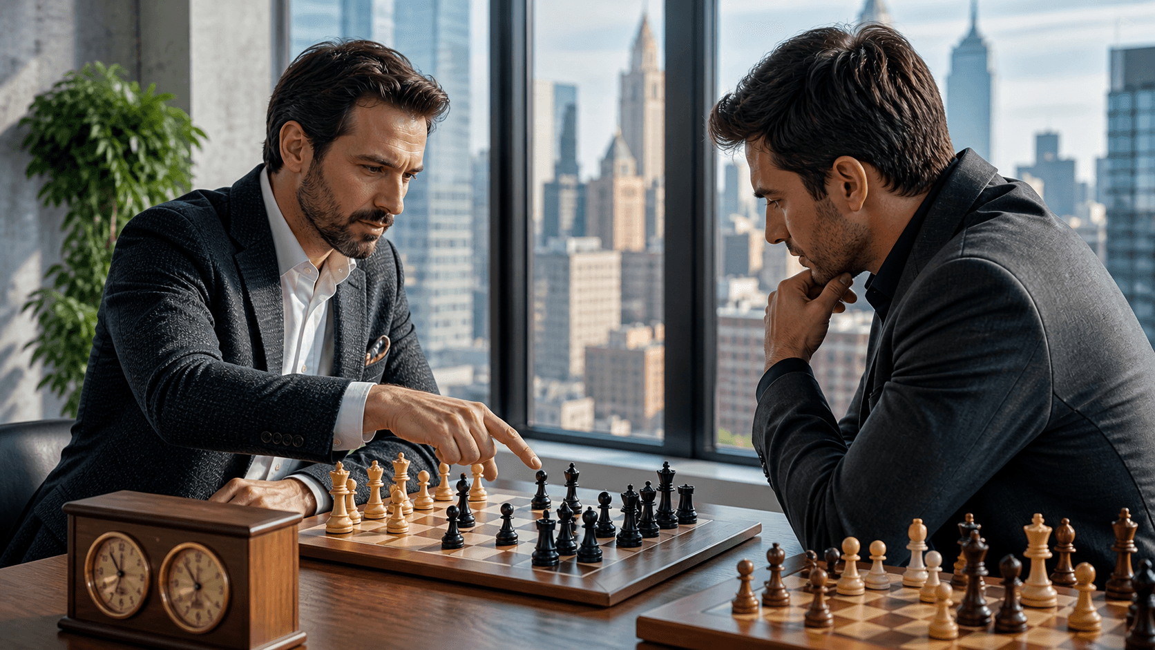 Grandmaster and adult player study a chessboard in a sleek Manhattan office with skyline views.