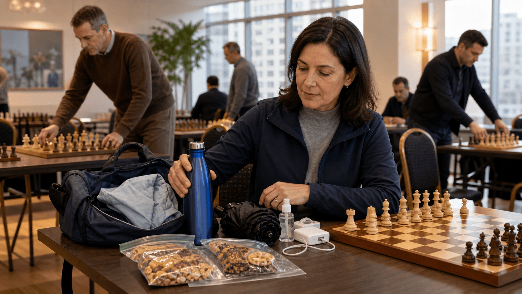 Chessboard with wooden pieces, backpacks, snacks, and water bottles on a bright tournament table.