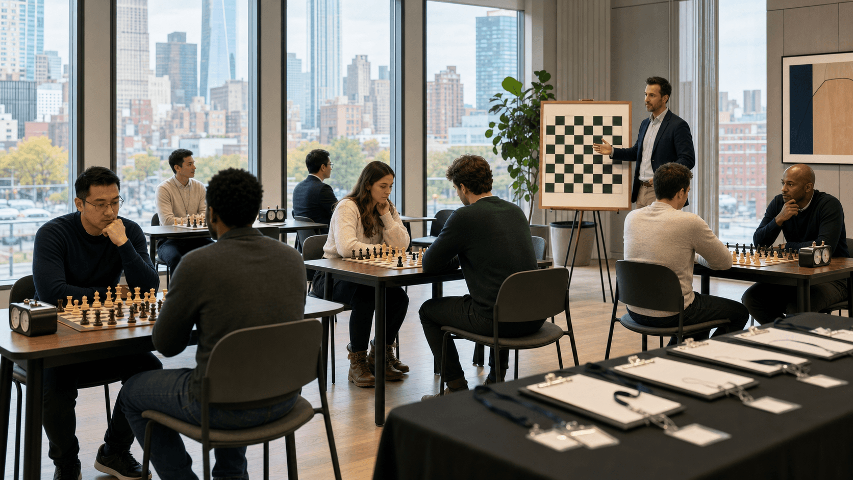 Kids playing chess at a tournament table, skyline backdrop, bright daylight, bold guide-style text overlay