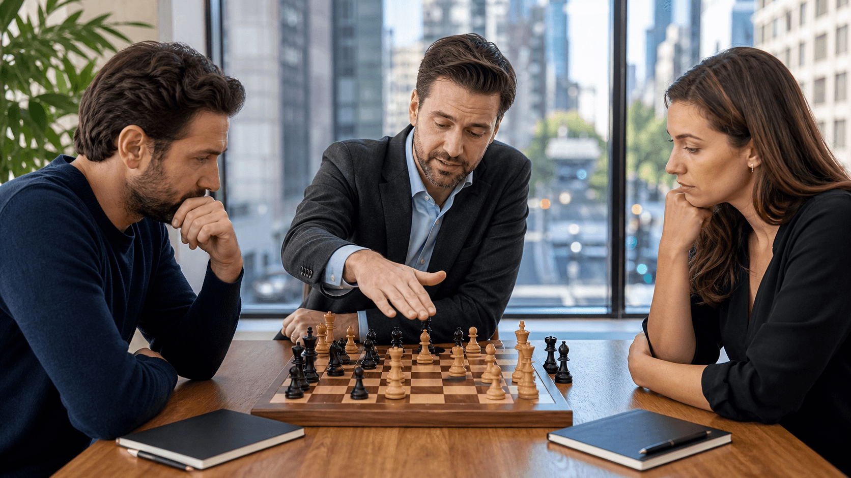 Chessboard with wooden pieces, annotated notebook, and warm desk lamp light in a focused study setting.