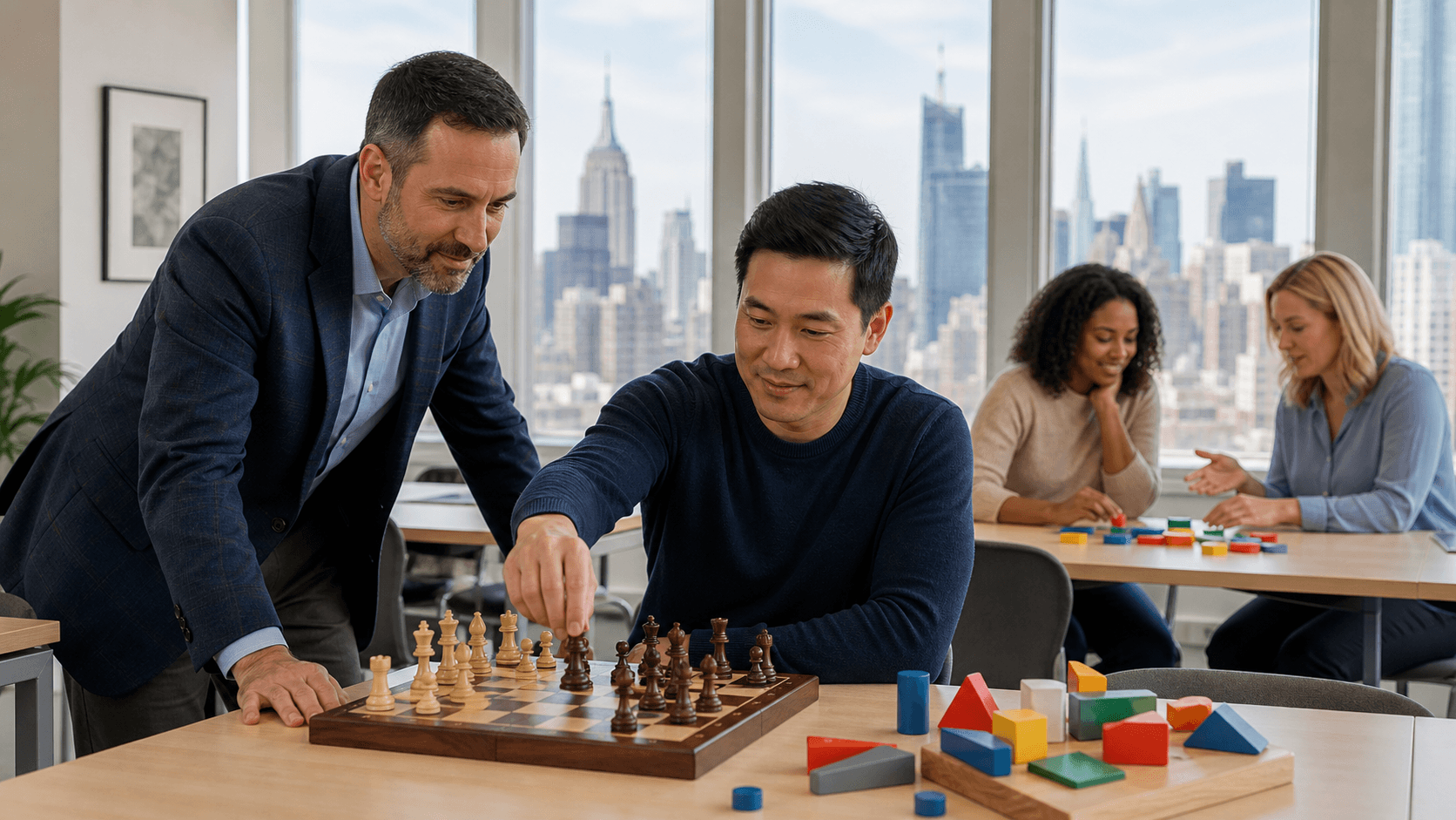 Sunlit classroom desk with puzzle pieces and a chessboard, Manhattan skyline faintly visible through the window.