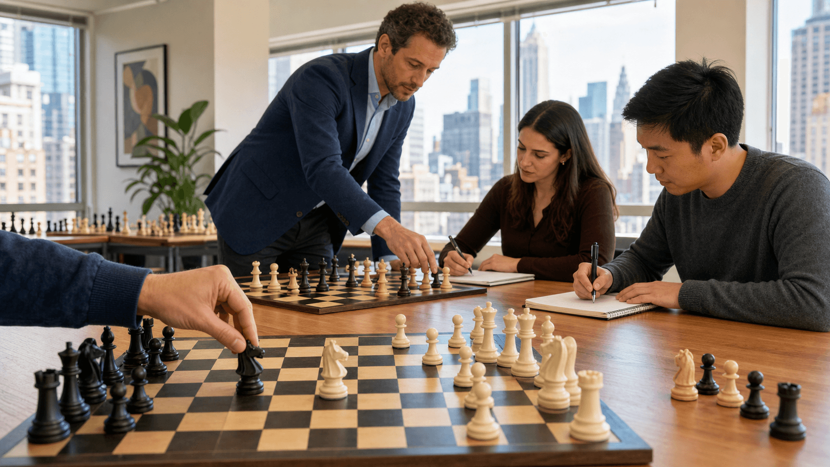 Chessboard with scattered pieces beside an open notebook and pencil on a sunlit wooden desk, warm tones