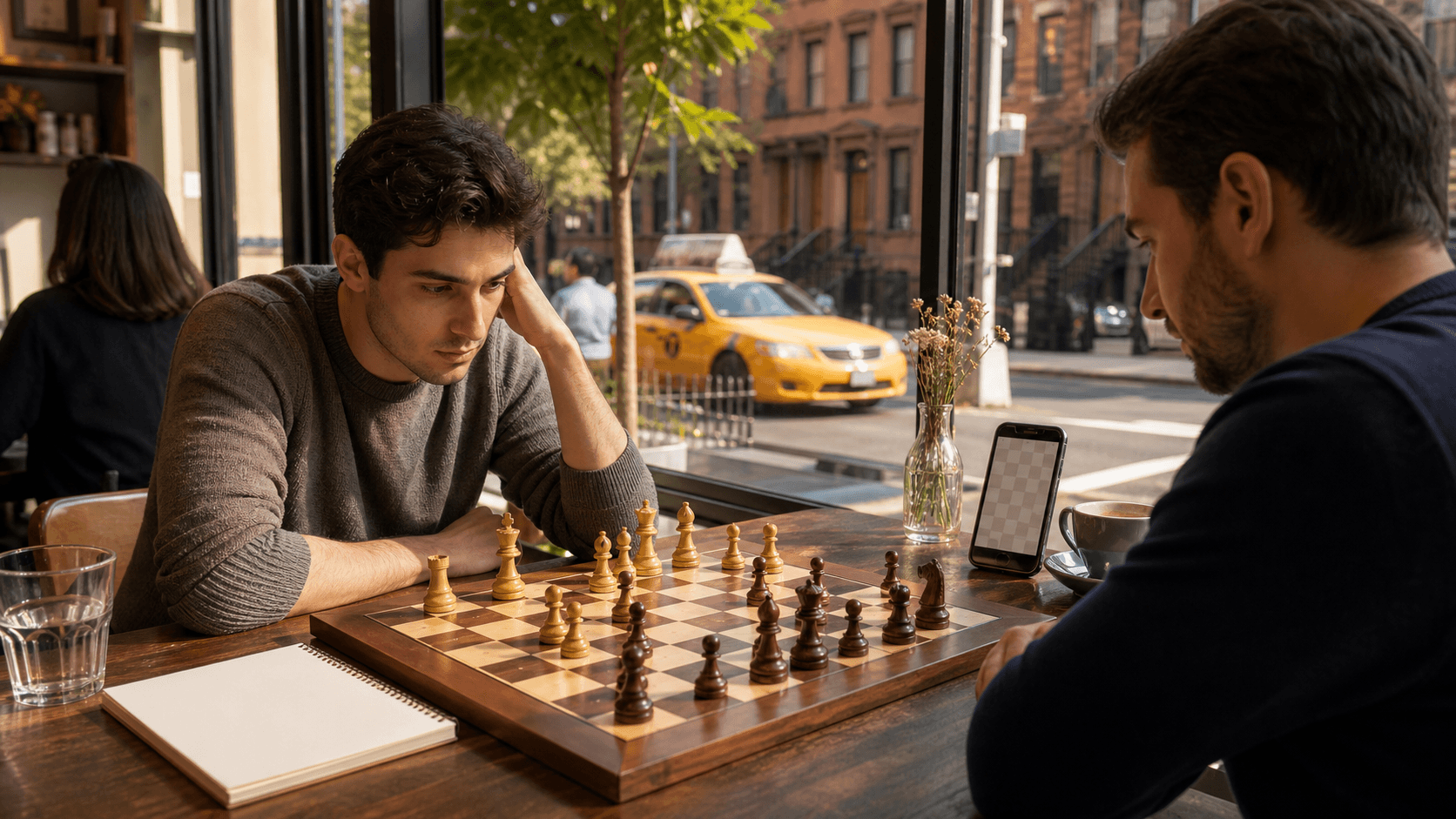 Chessboard beside a glowing laptop and tournament clock, with Manhattan skyline lights in the background.