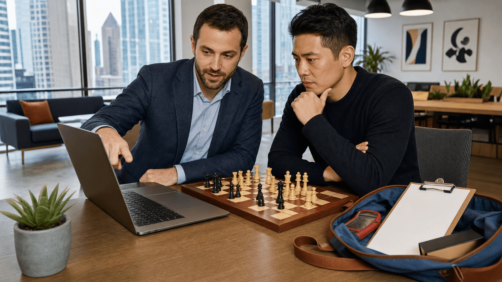 Glowing chessboard on a desk with a laptop showing training graphs, blue neon accents, and tournament trophy in background