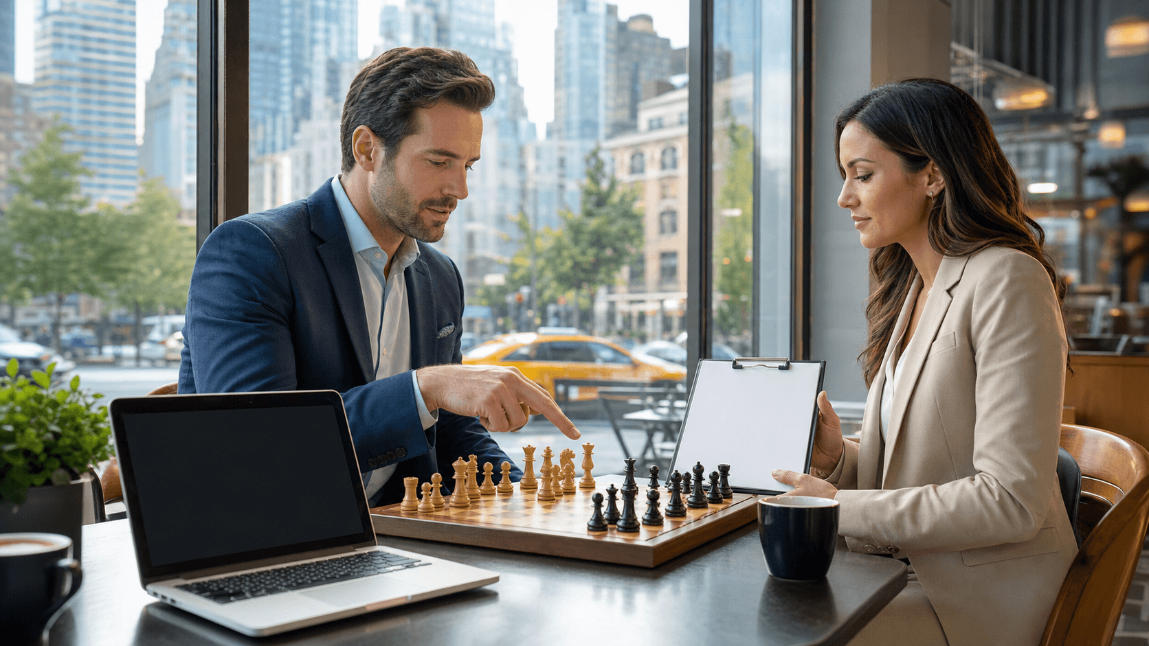 Chessboard and pieces on a desk by a window, Manhattan skyline in soft focus, warm golden-hour light.