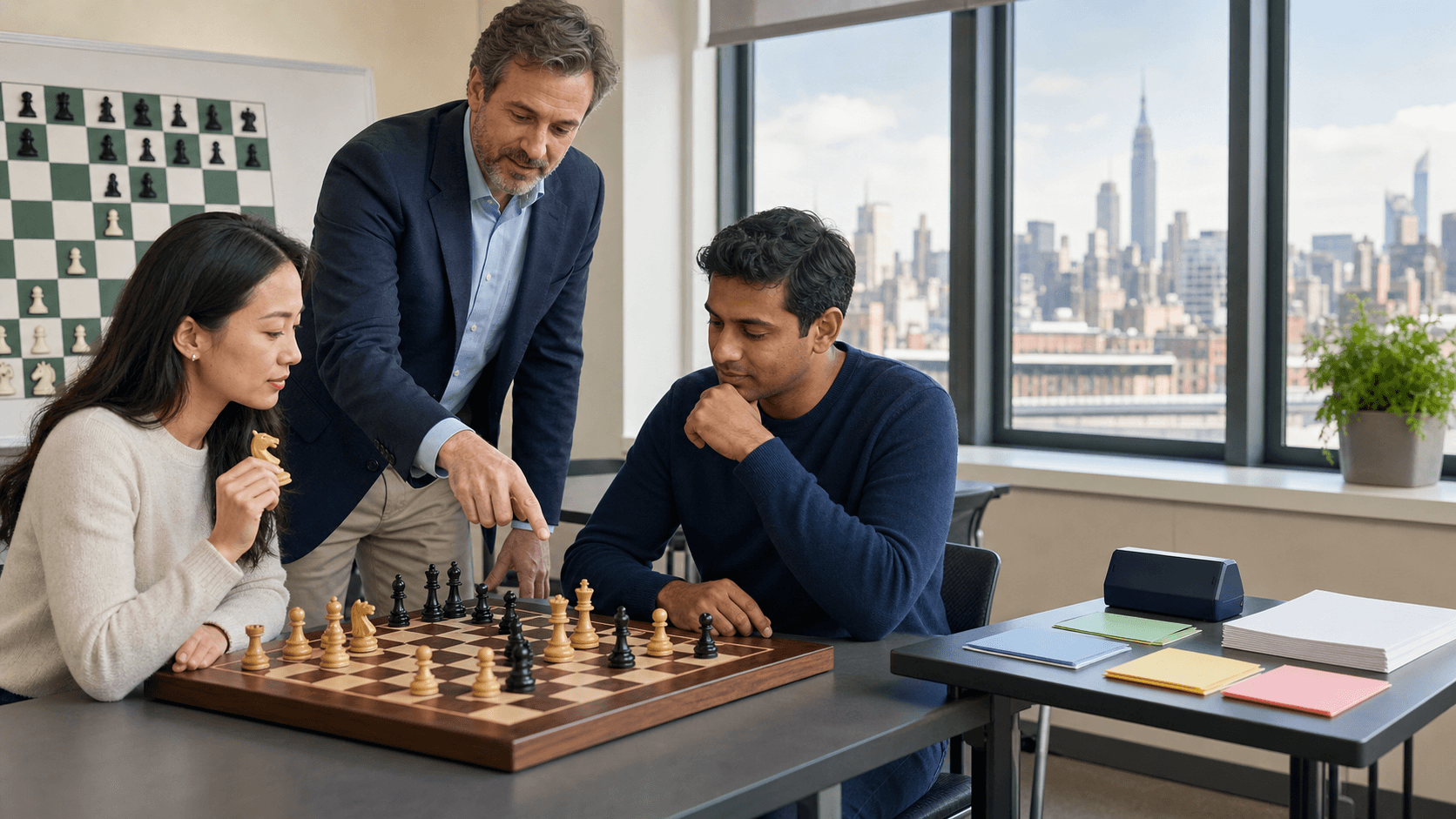 Child’s hands moving a chess piece on a wooden board, warm classroom light, blurred NYC skyline in background.