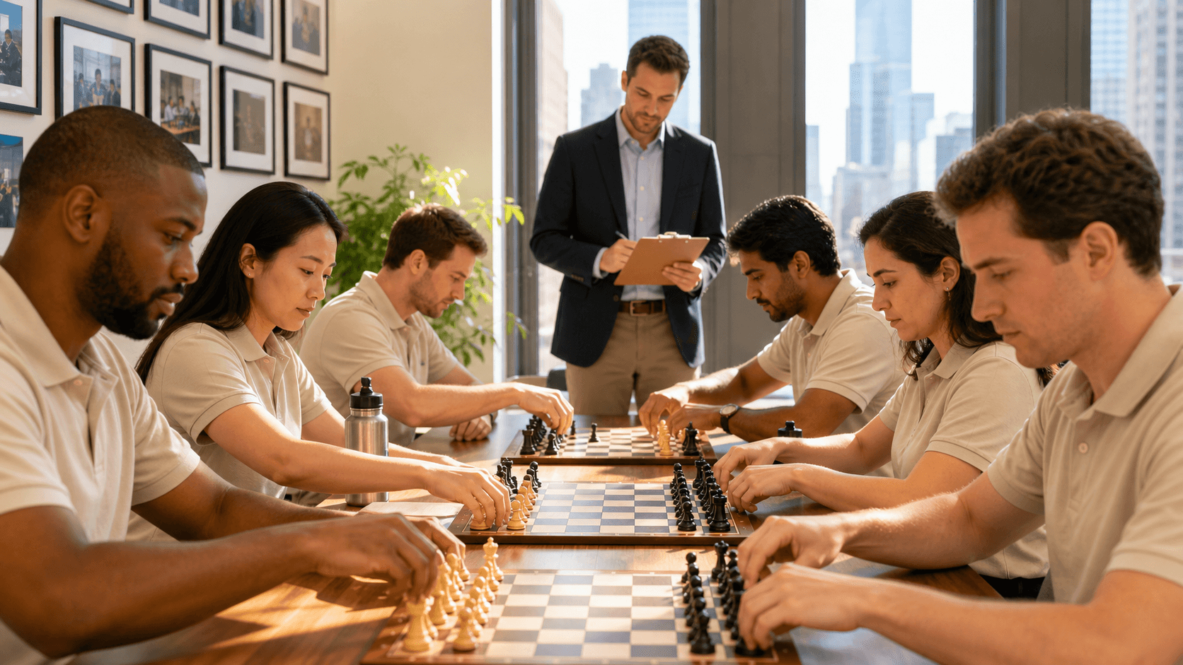 Sunlit chess camp room with kids around wooden boards, a coach pointing at pieces on a whiteboard in the background