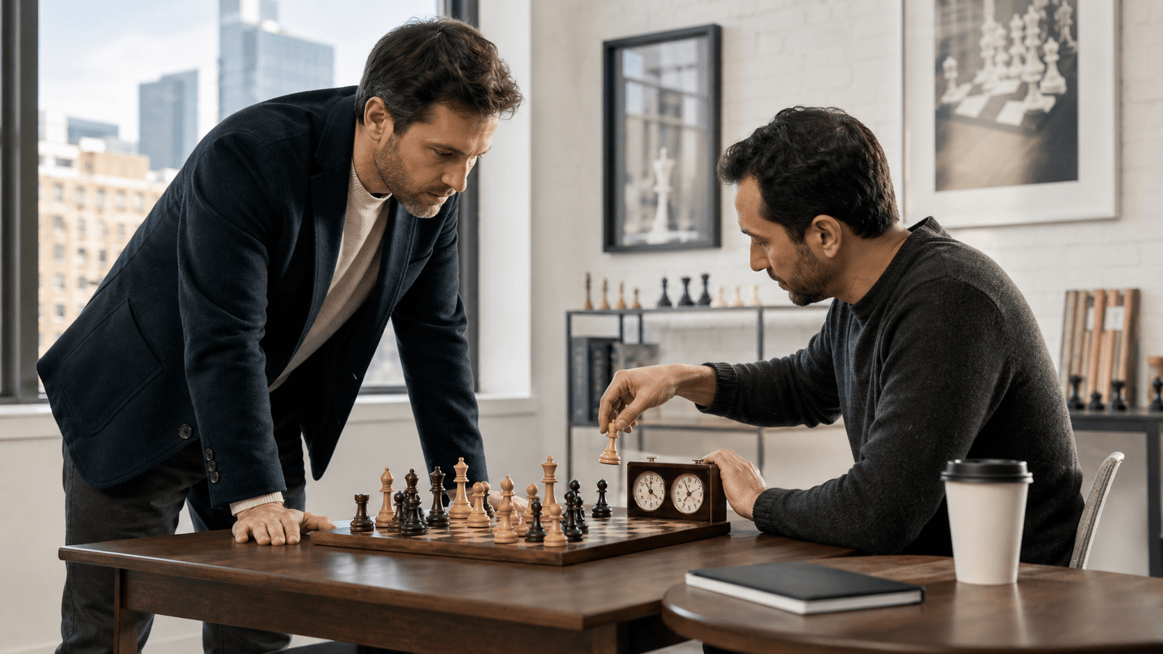 Child playing chess beside a digital clock, warm indoor light, close-up of hands moving pieces on a wooden board