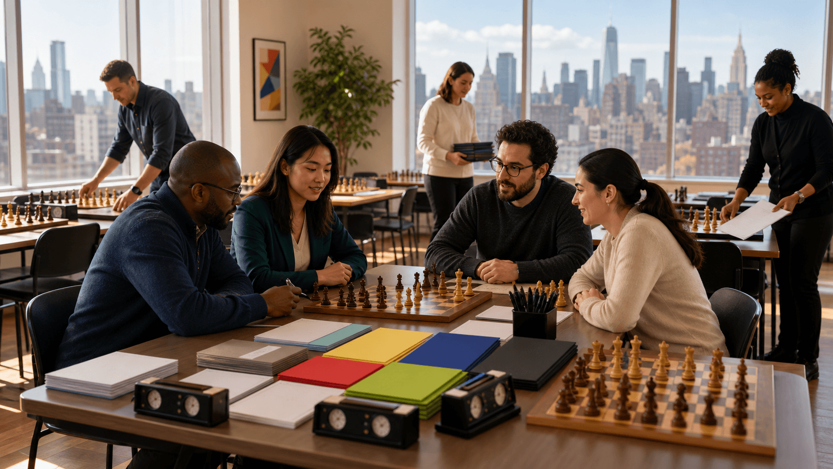 Children playing chess at wooden tables in a bright Manhattan community hall with city windows.