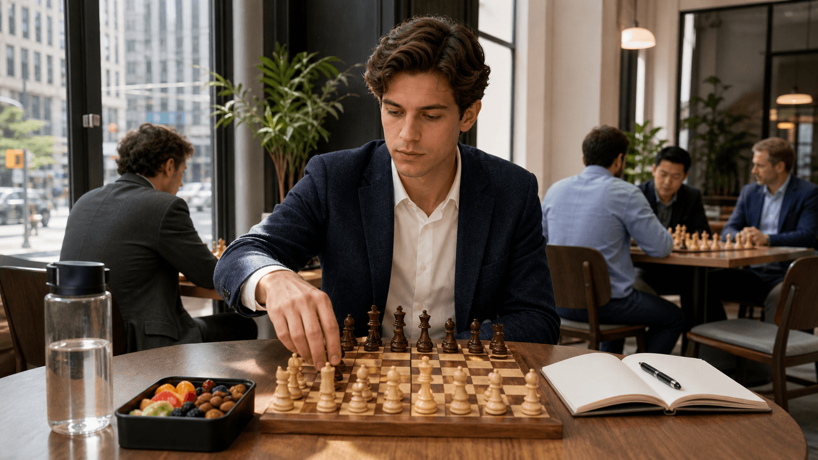 Chessboard beside a notebook, water bottle, and fruit in warm morning light with Manhattan skyline beyond.