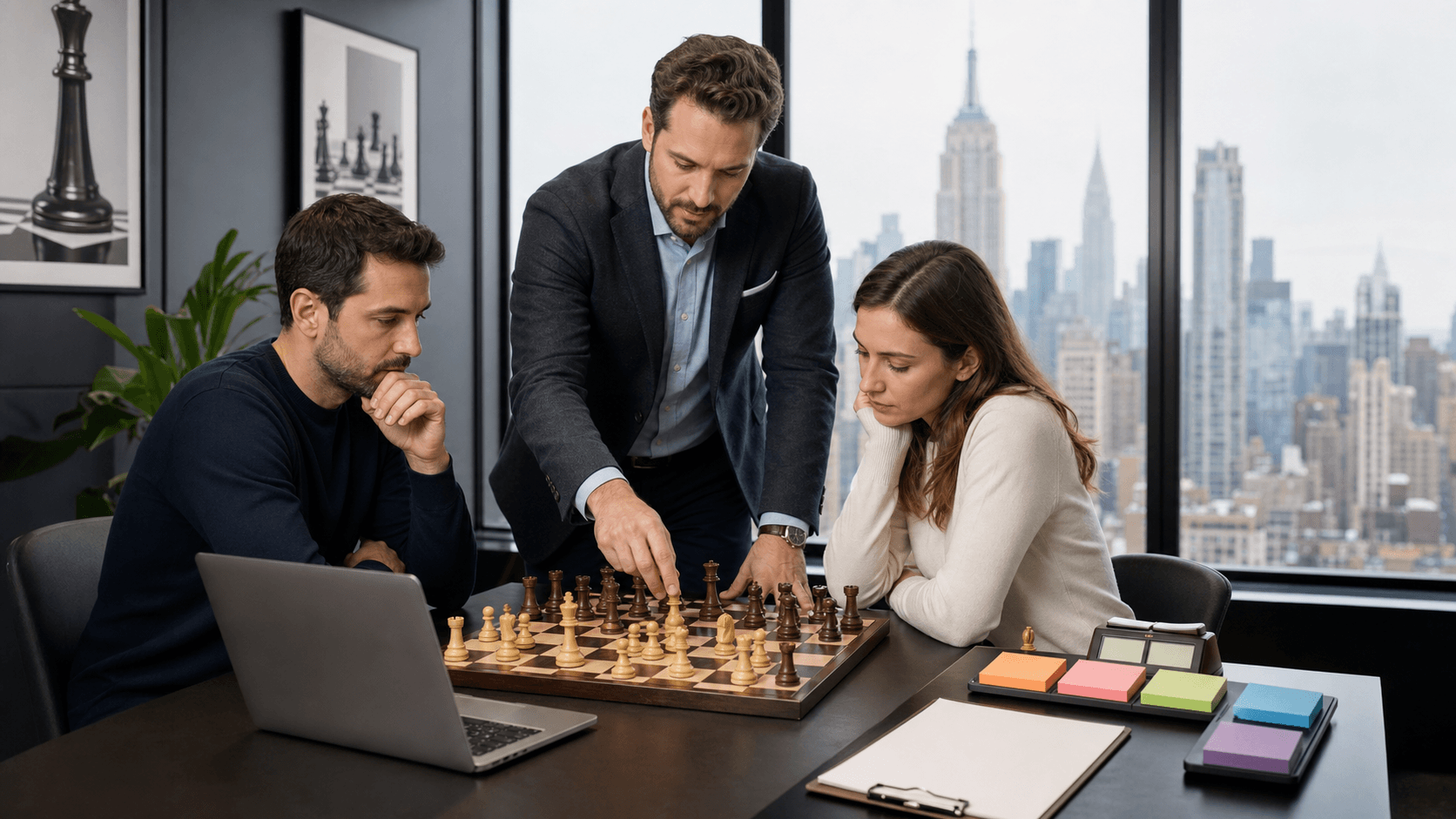 Colorful chessboard grid with rating bands and checklist icons on a white background, bold header at top.