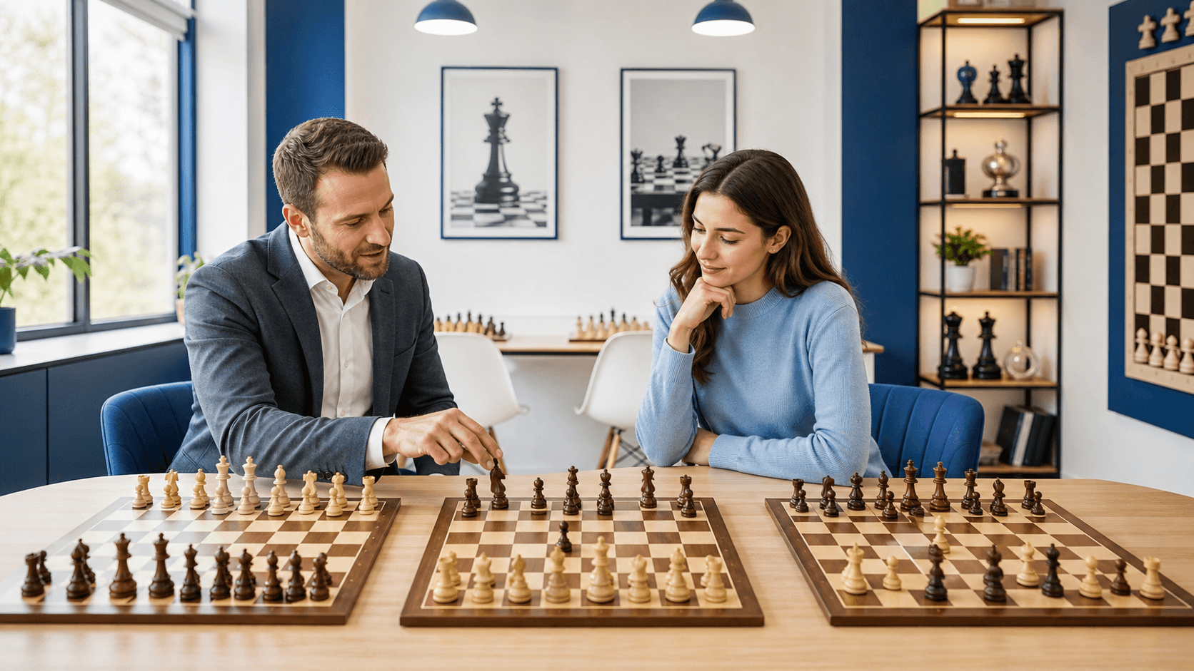 Chessboard with wooden pieces beside a child’s study plan, lit by warm sunlight against a blue background.