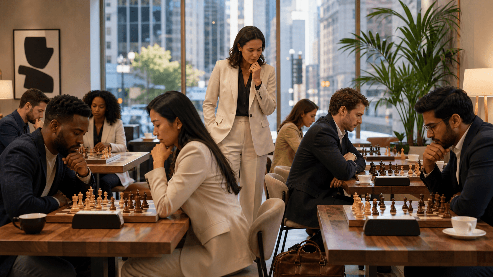 Adults playing chess at wooden tables in a warmly lit urban club, with city lights glowing through tall windows.