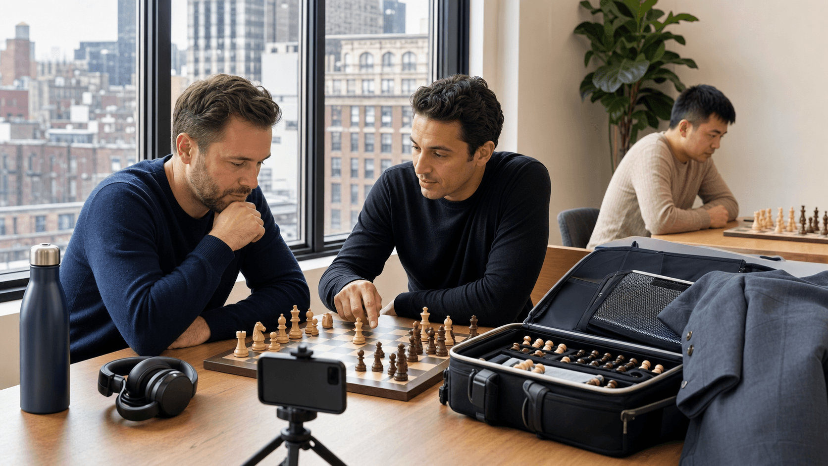 Family packing a duffel beside a chessboard in a bright apartment, Manhattan skyline glowing through the window.