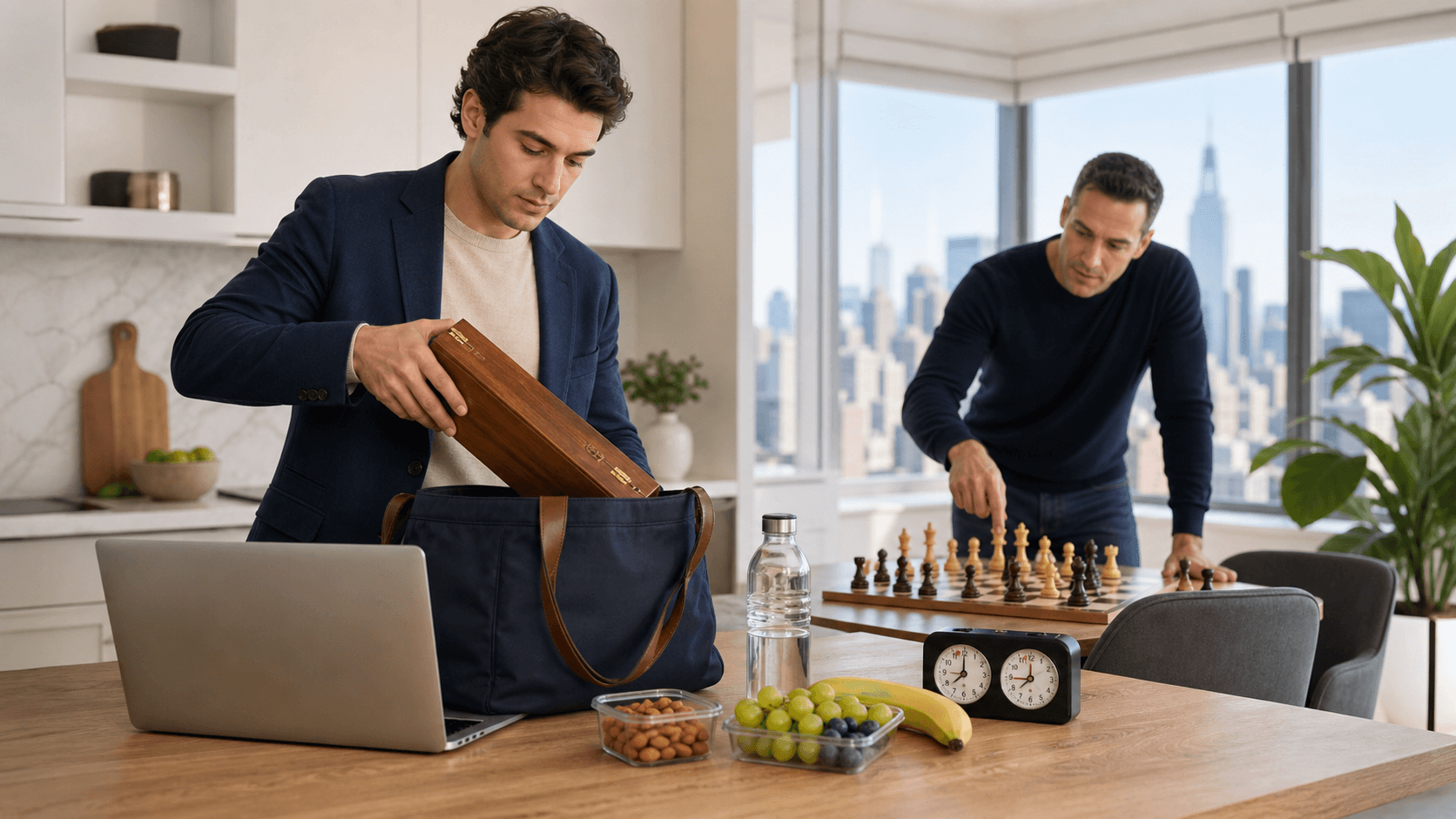 Minimalist chessboard on a desk beside a checklist notebook and pen, with warm sunlight and a city skyline backdrop