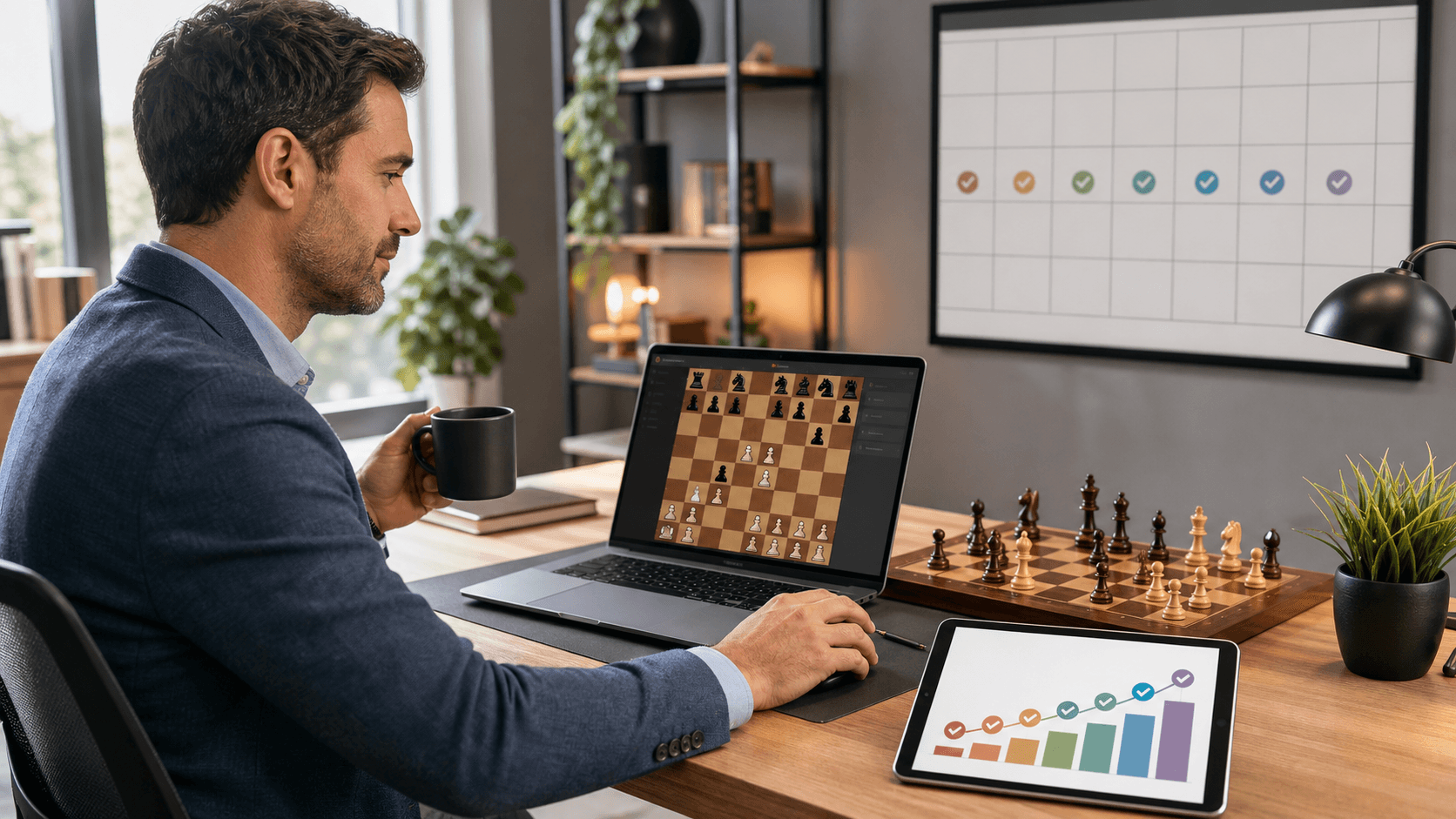 Chessboard on a desk beside a laptop with charts, warm light, and a 12-week progress tracker on screen