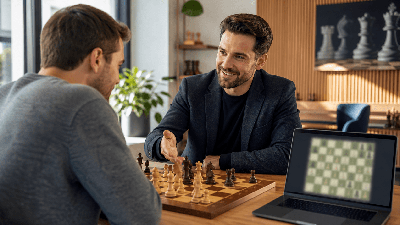 Child studies a chessboard on a laptop beside a wooden board, with warm classroom lighting.