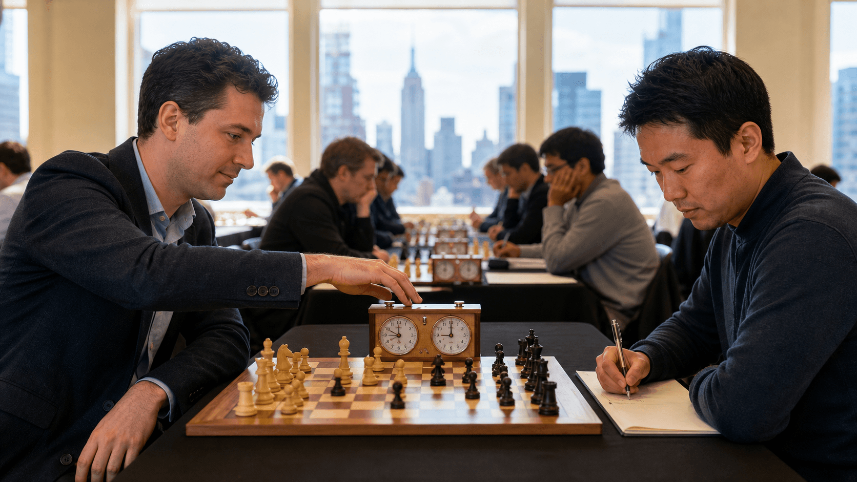 Chessboard with clock, score sheet, and pencil on a table against a blurred New York City skyline.