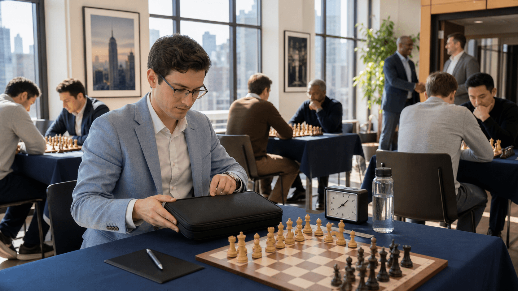 Adult chess player studies a wooden board beside a tournament checklist under warm overhead lighting.