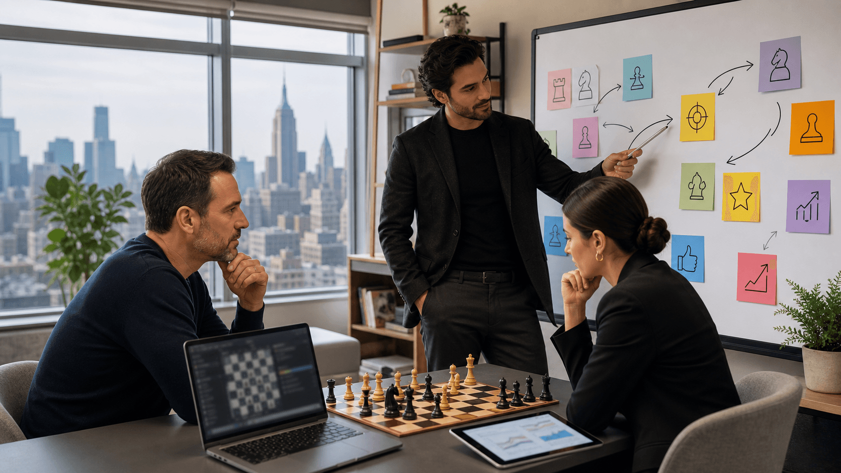 Chessboard on a desk beside a laptop showing a game log, with notes and targets on sticky notes, soft daylight