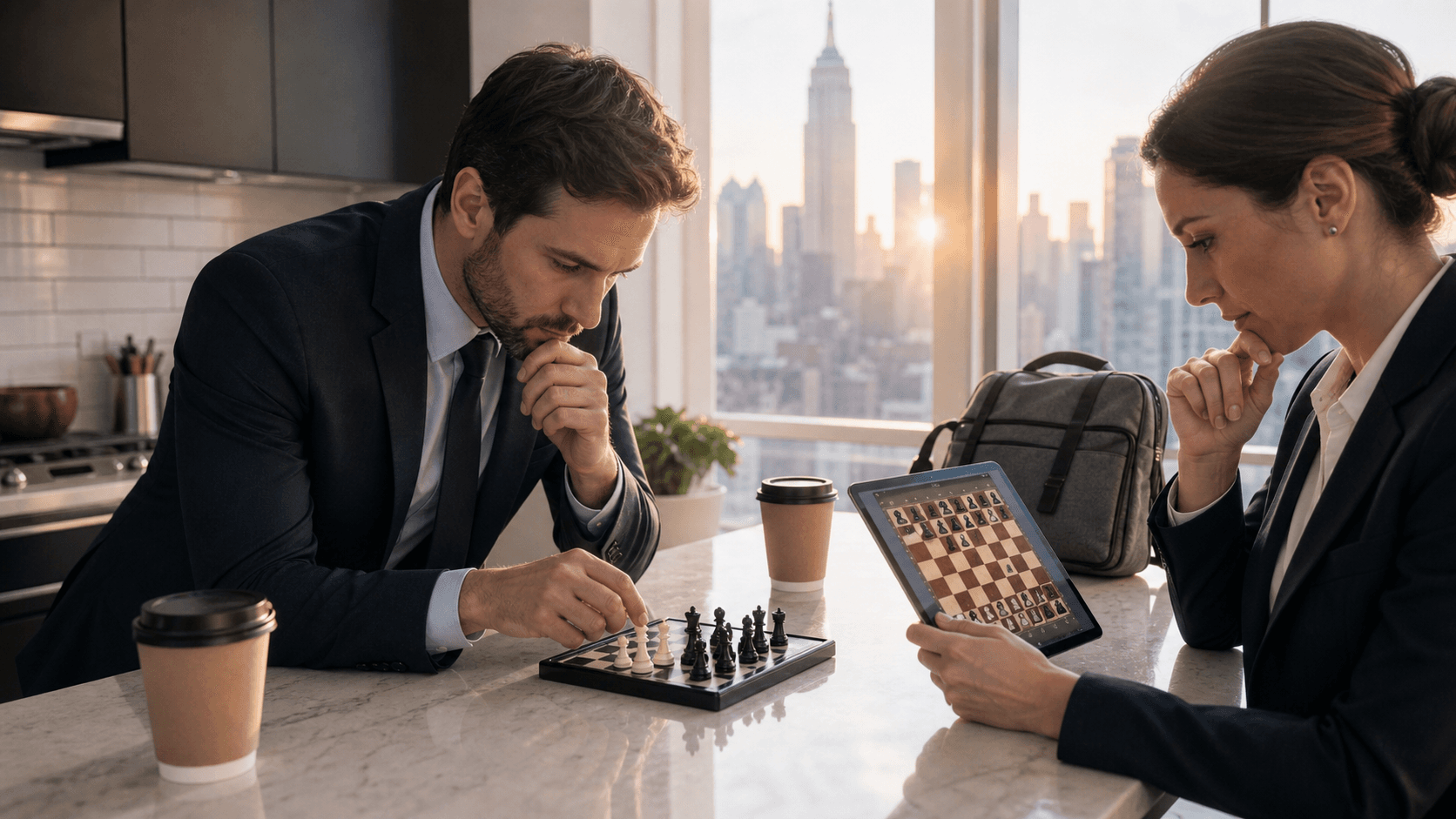 Chessboard on a sunlit kitchen table with a clock and coffee cup, soft morning light through a window.