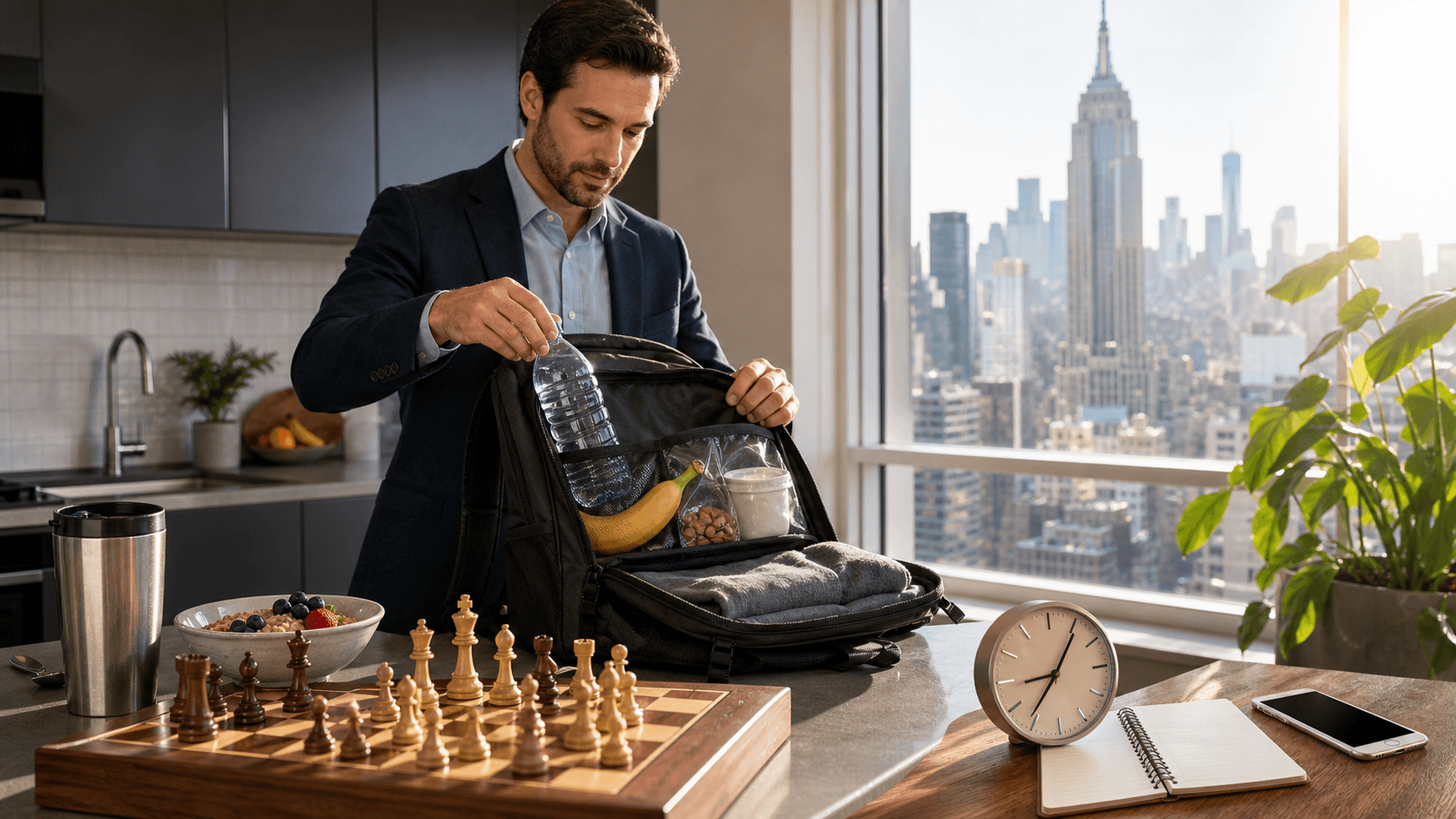 Chessboard beside a backpack, water bottle, and snacks on a desk, lit by warm morning light in a tidy room