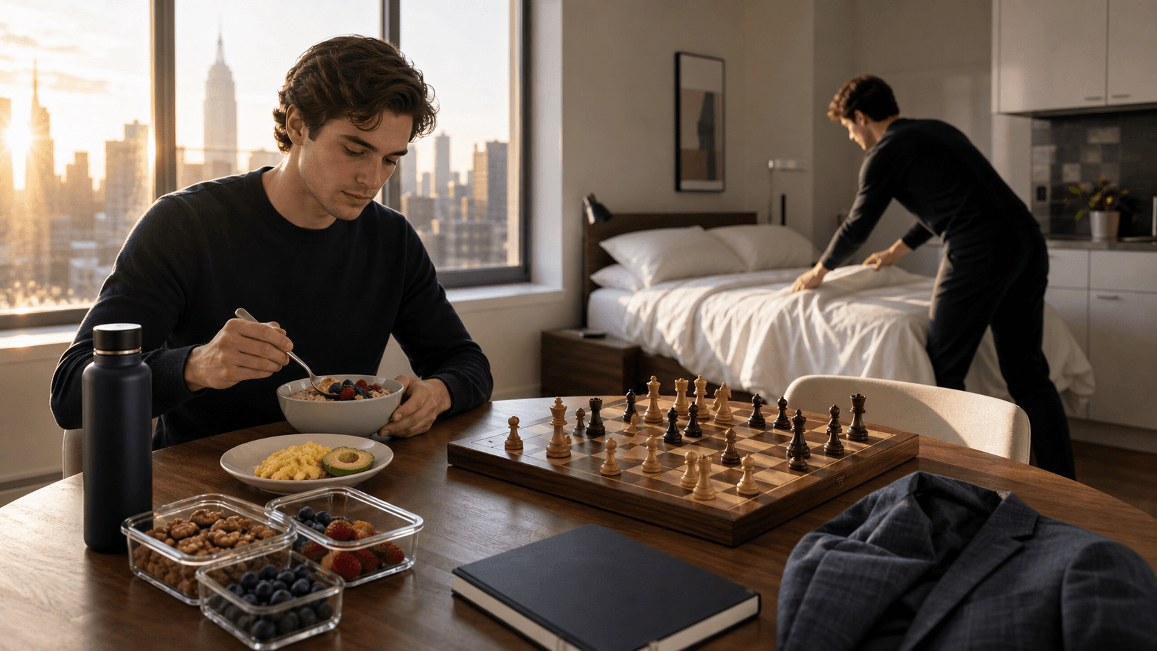 Chessboard beside a lunchbox, apple, and alarm clock on a desk, with warm morning light and a school notebook