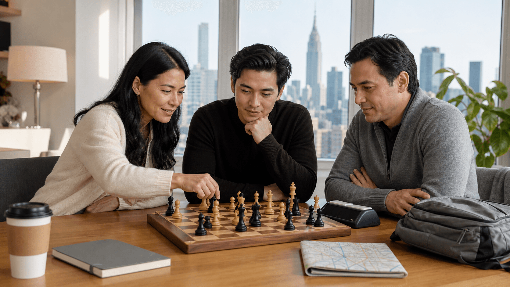 Family gathered around a chessboard in a bright living room, studying pieces with a Manhattan skyline in the window.
