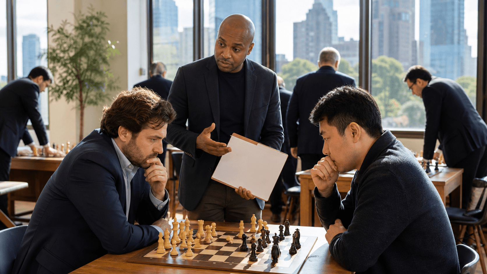 Chessboard with highlighted opening moves beside a glowing Manhattan skyline at dusk