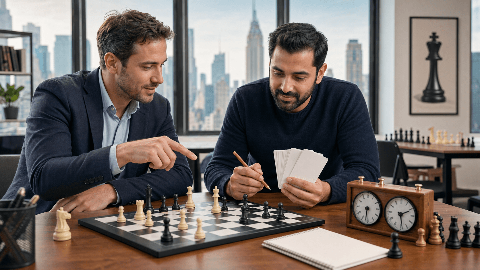 Chessboard with black and white pieces beside a notebook of question marks, lit by warm desk lamp light