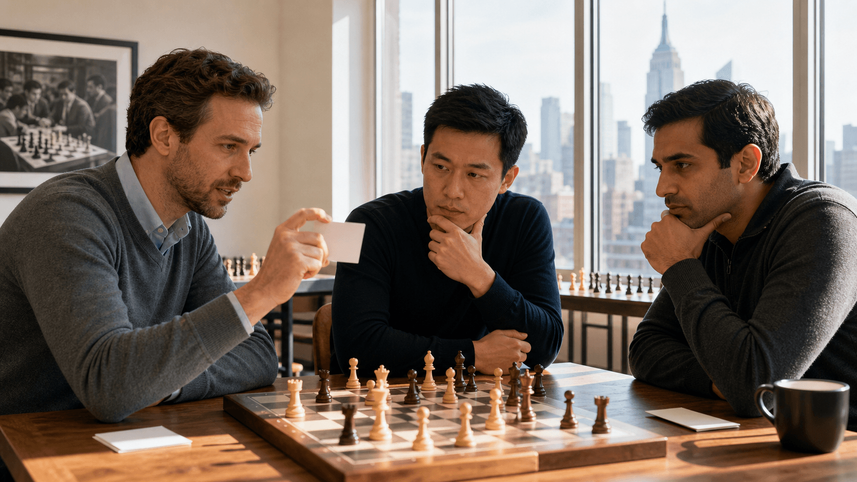 Chessboard with scattered pieces beside a notebook of questions, set against a glowing Manhattan skyline.