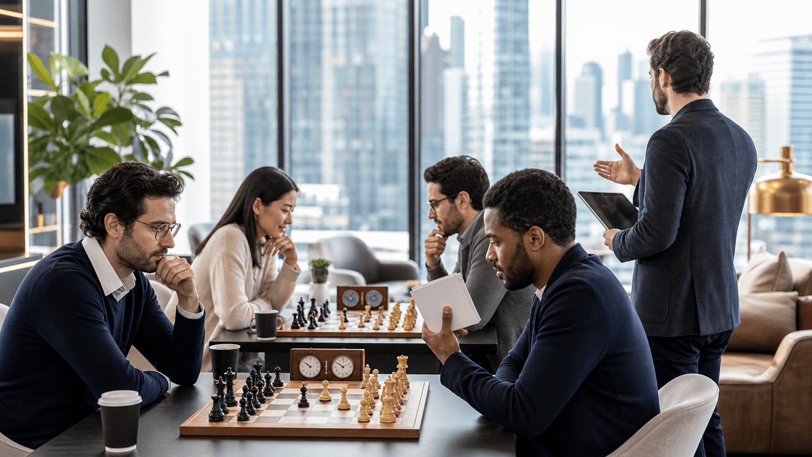 Overhead view of a rapid chess game on a wooden board, clock ticking beside black-and-white pieces under warm light.