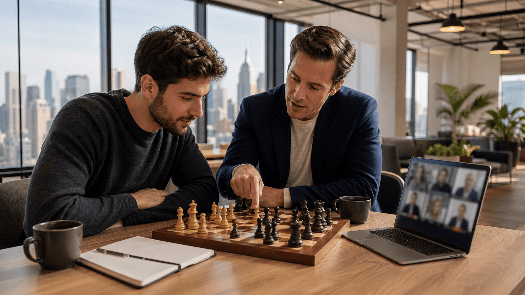 Chessboard on a desk beside a glowing laptop, warm indoor lighting and shallow depth of field.