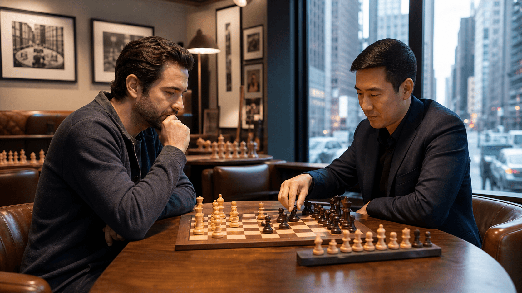 Adult chess players study a wooden board in a softly lit Manhattan apartment.