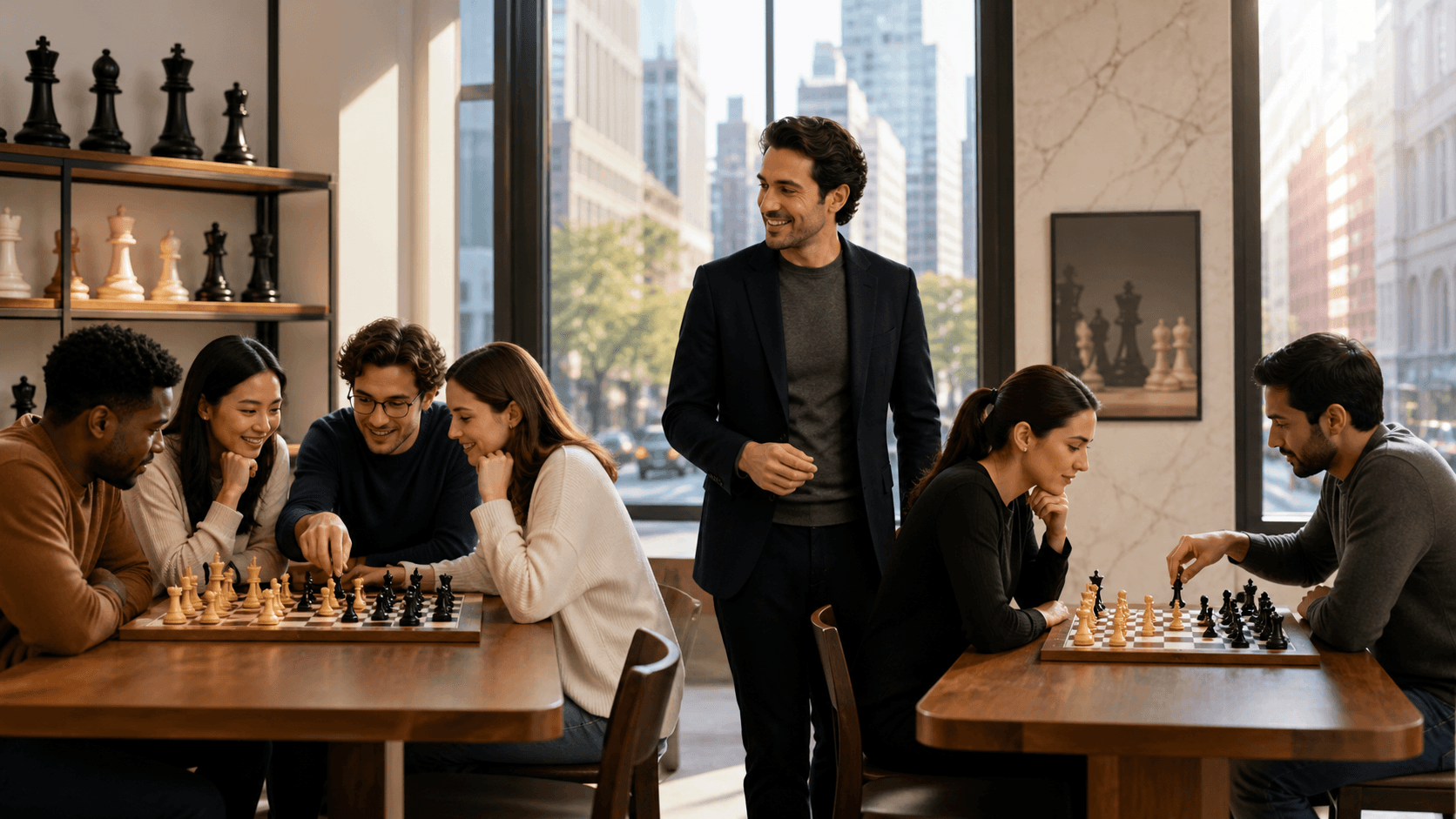 Chessboard with wooden pieces between two players in a warmly lit Manhattan-style classroom.
