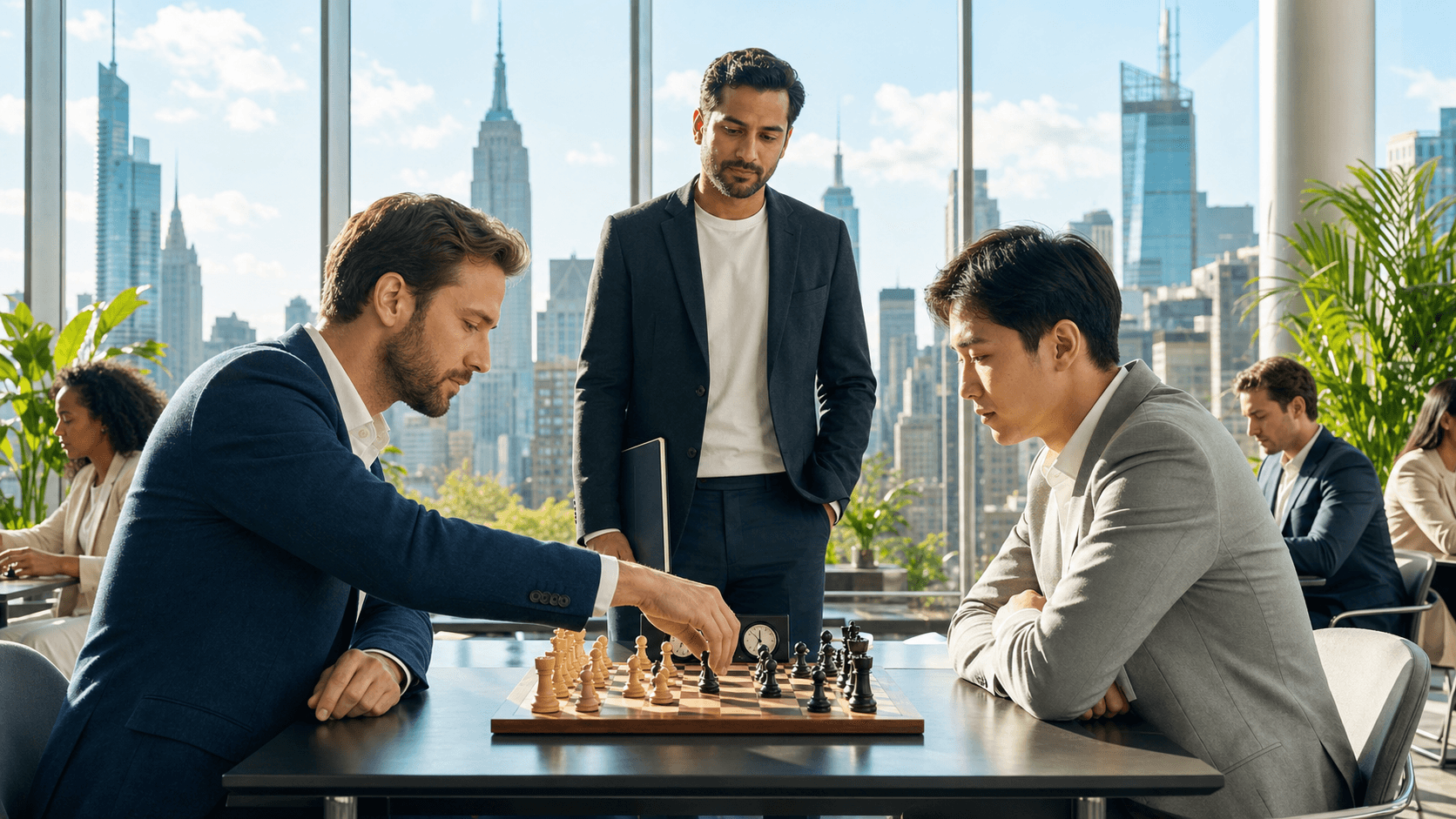 Chessboard with black and white pieces under warm light, with Manhattan skyscrapers blurred in the background