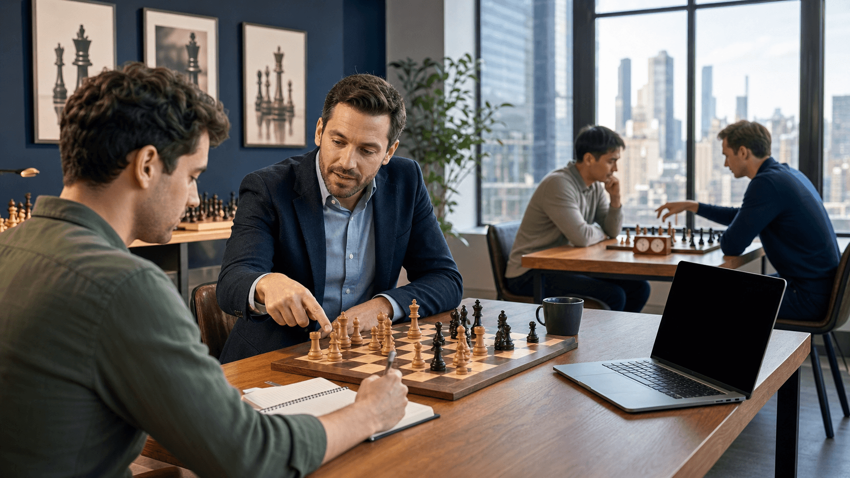 Child studying chess on a wooden board beside a trophy, warm desk light and blurred tournament hall behind