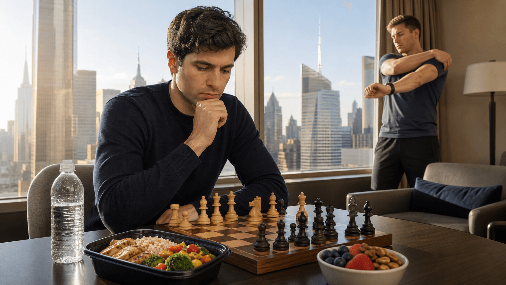 Chessboard beside a water bottle and meal prep containers on a desk, with warm city lights glowing through a window