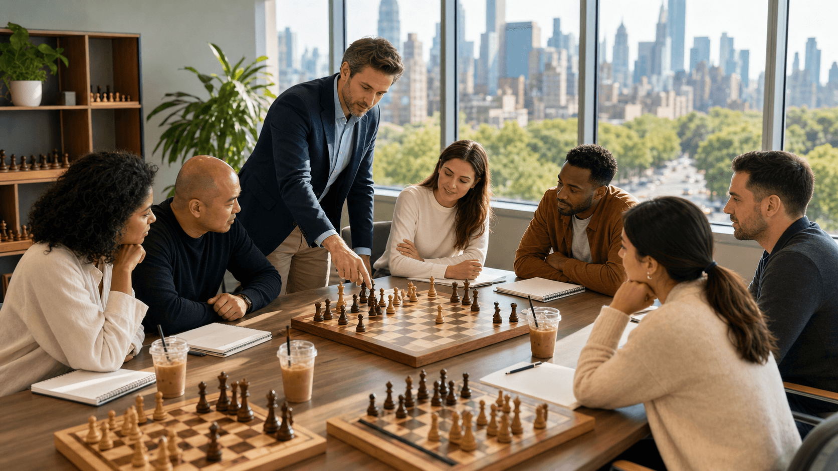 Sunlit chessboard on a park table with Manhattan skyscrapers in the background and pieces mid-game.